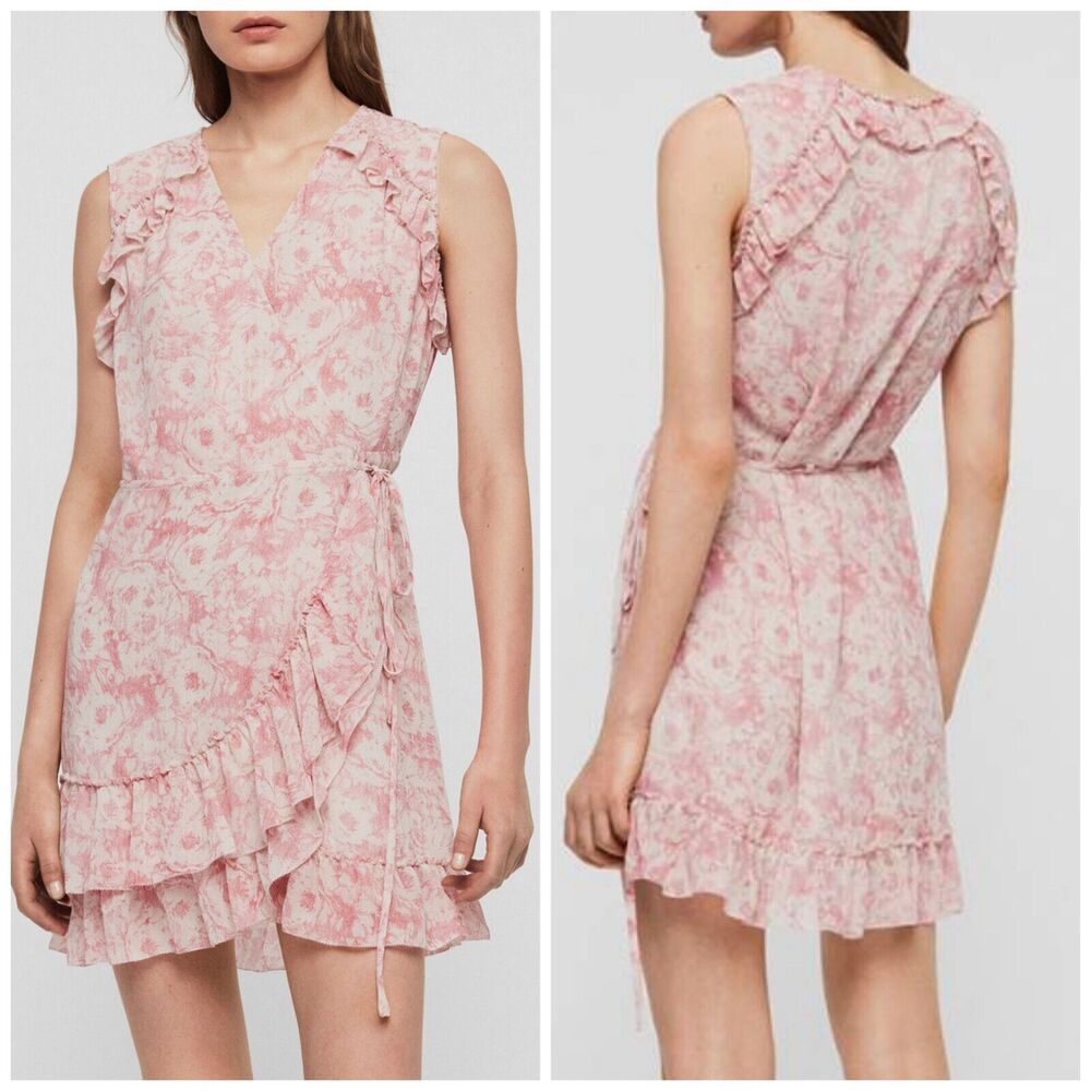 All Saints Priya Rosa Pink Floral Ruffle Wrap Dress Size Medium